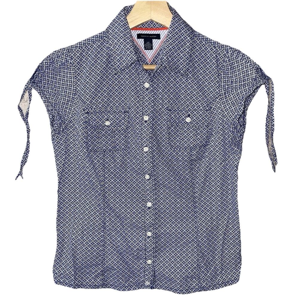 Tommy Hilfiger Womens Blue Shirt Size S Tie Short Sleeves Buttoned Collared